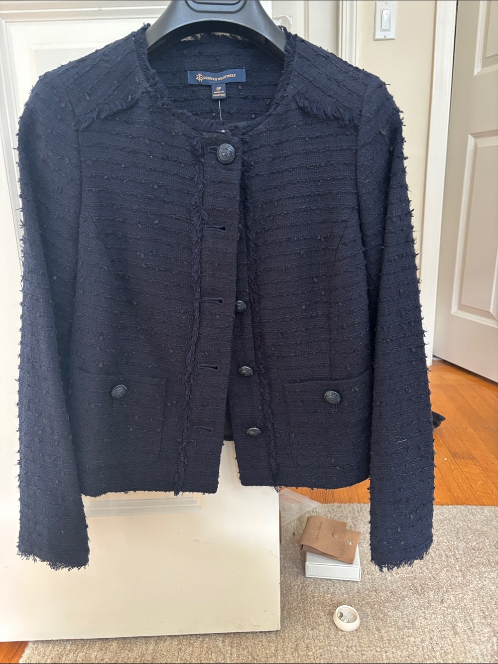 Brooks Brothers Navy Bouclé Fringe-Trim Jacket